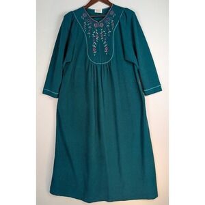VTG Vanity Fair Long Robe Women's M Forest Green Half Zip Embroidered Flowers